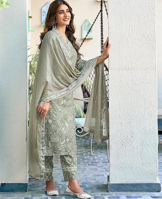 SIRIL Women's Rayon Blend Floral Printed Straight Kurta Pant with Dupatta Set
