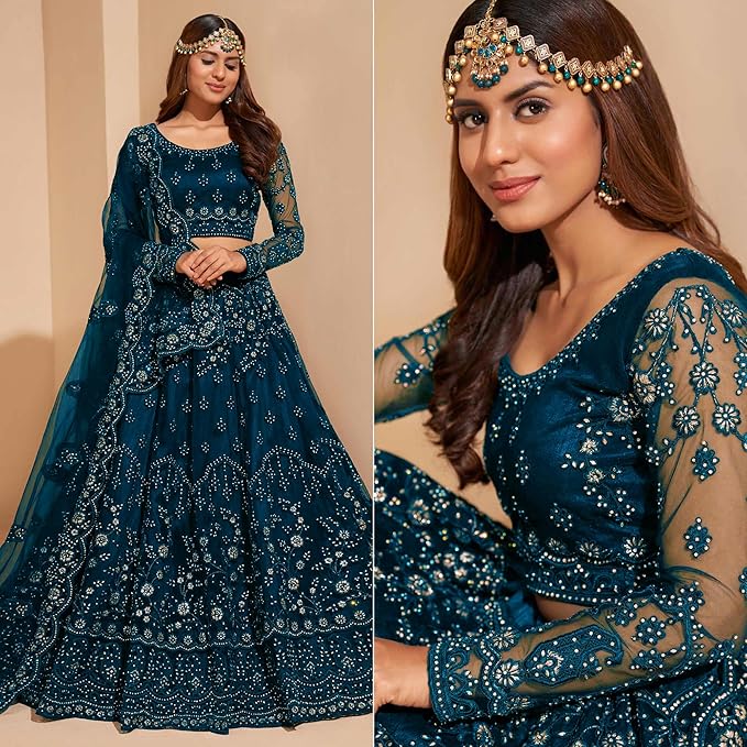 ZAALIMA FASHION WITH Z LOGO Women's Embroidered Semi-Stitched Net Lehenga Choli