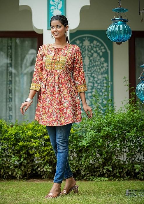 Yash Gallery Women's Polyester Relaxed Fit Short Floral Placet 3/4 Sleeve and Keyhole Neck Printed Kurti