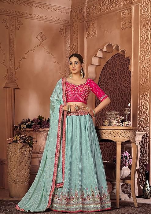 Varni Fabrics Women's Semi-stitched Chinon Crushed Sequence and Thread Embroidery Lehenga Choli With Dupatta
