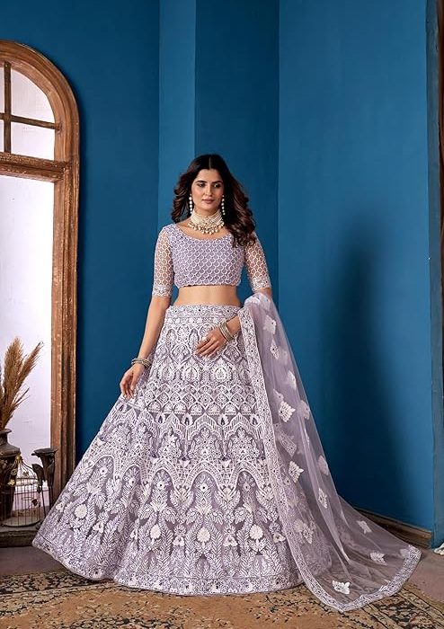 VARNI FABRICS: A lady's First Love Womens Net Lehenga Choli With Embroidered Work with cancan